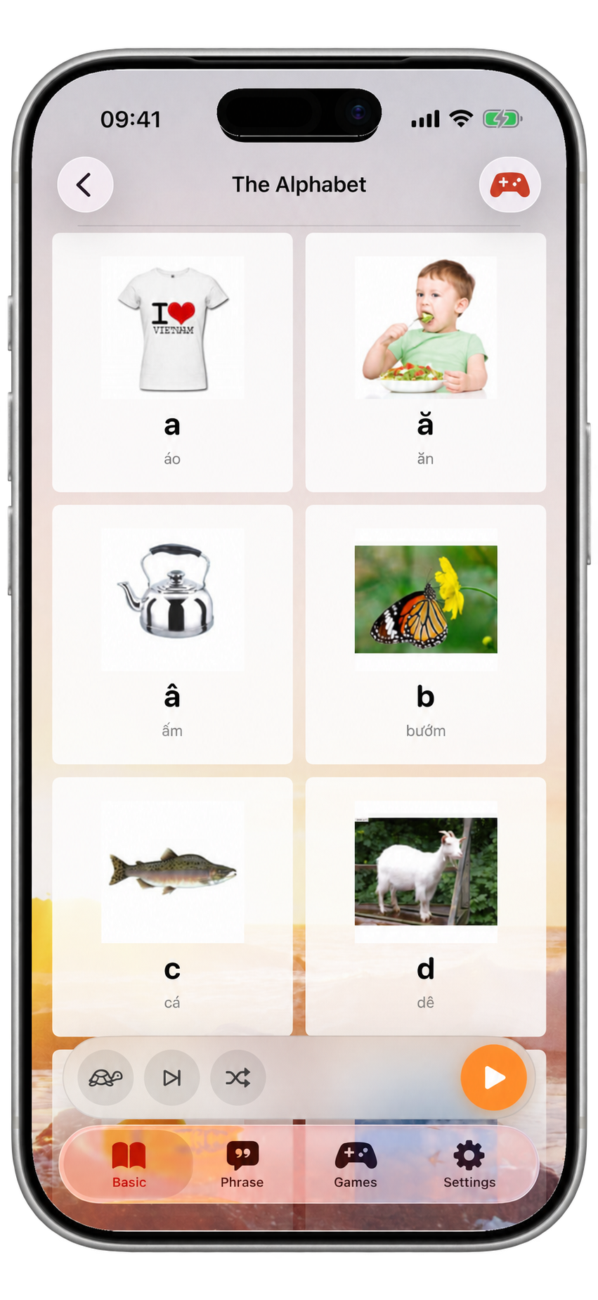 The Alphabet lesson in Learn Vietnamese, with illustrated letter cards and playback controls