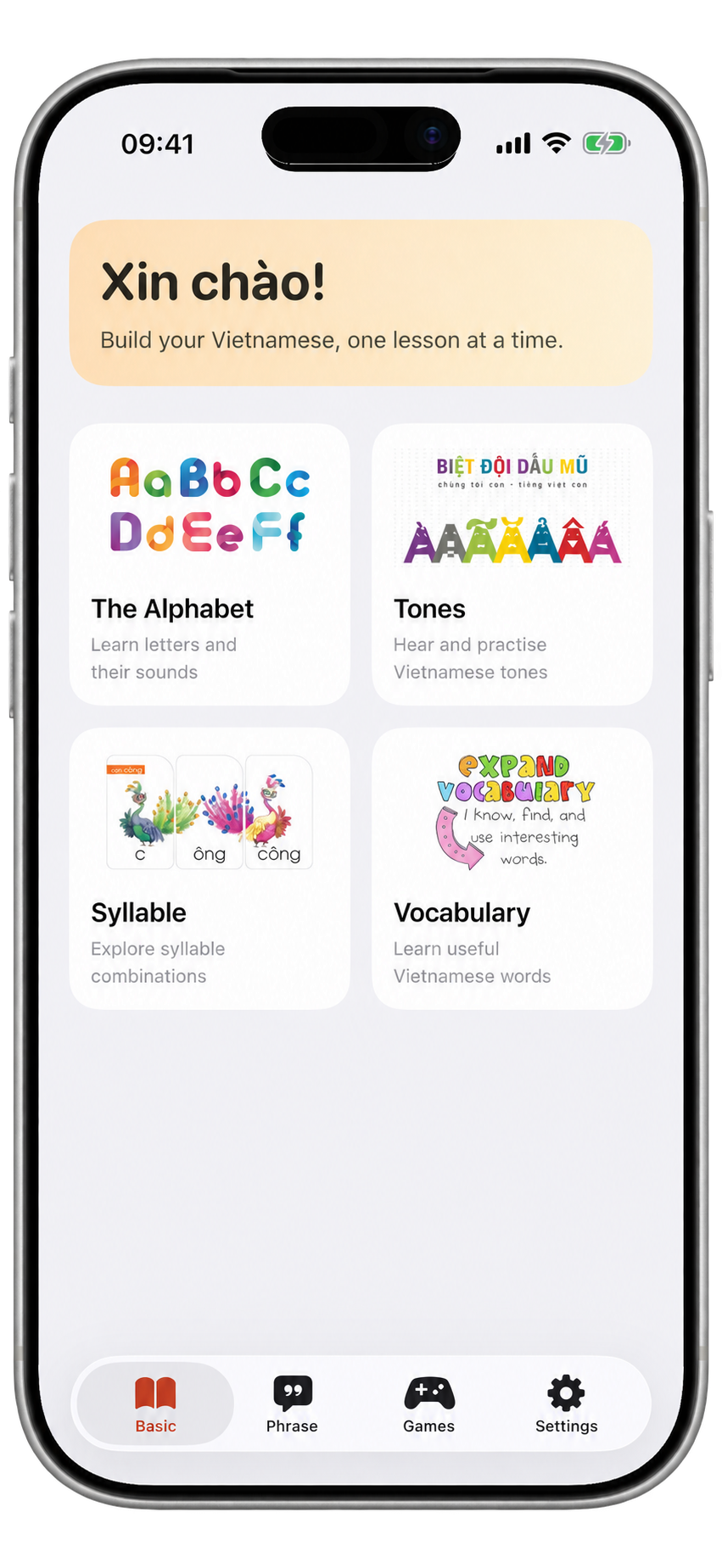 Learn Vietnamese app home screen in an iPhone 17 Pro frame, showing alphabet, tones, syllable, and vocabulary lessons