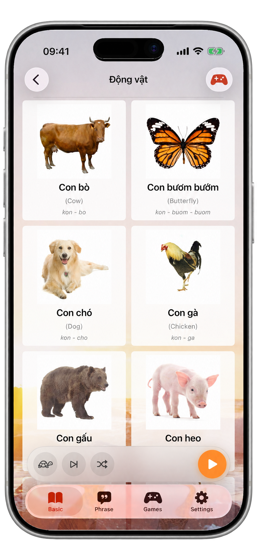Vietnamese animal vocabulary cards with English translations and phonetic guides